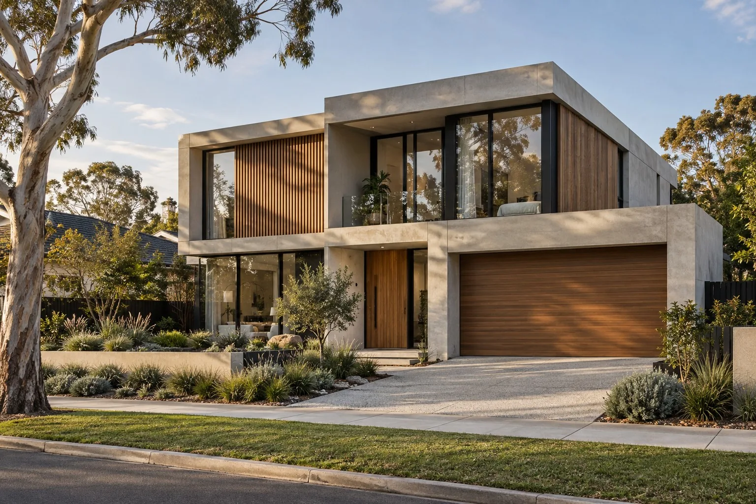 AI architectural concept of a contemporary Australian home with concrete, timber and greenery